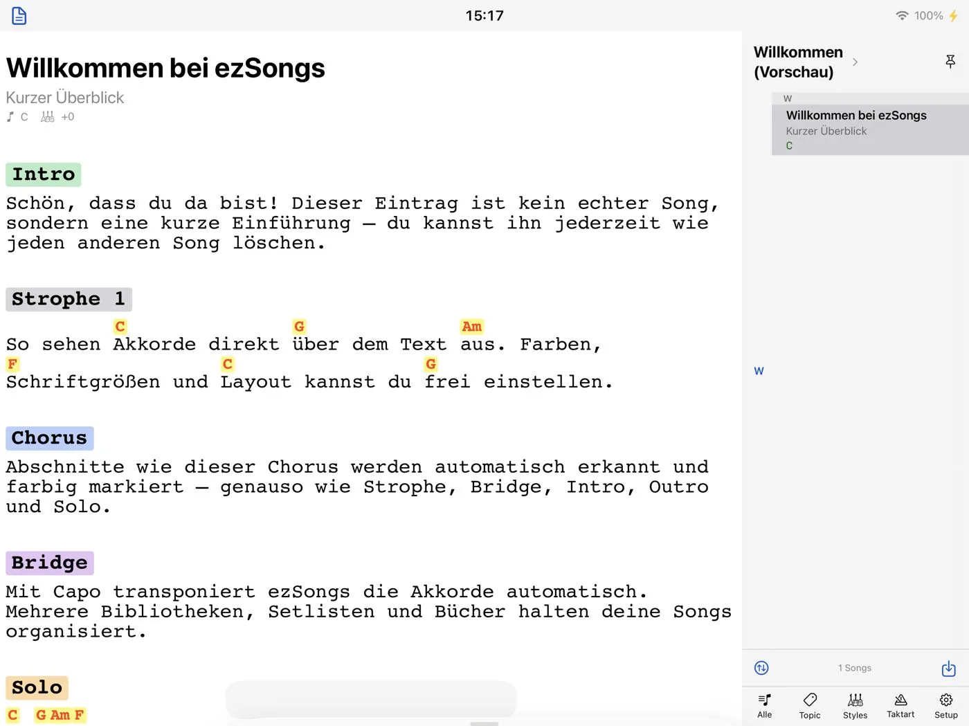 Songbibliothek mit Sidebar und Schnellzugriffsleiste