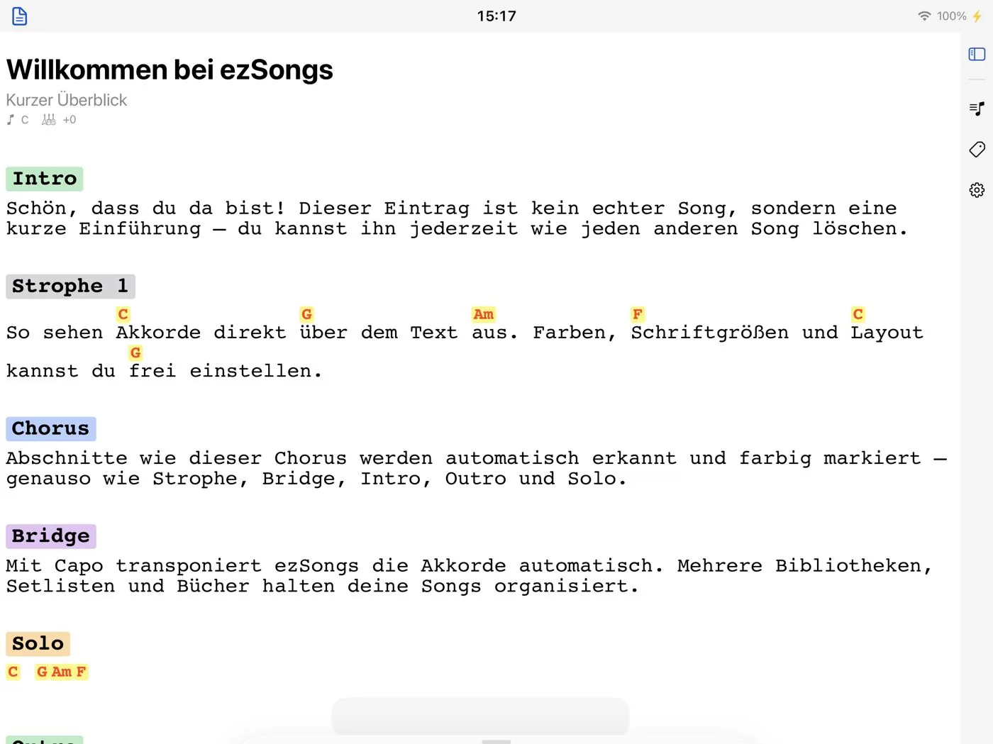 ezSongs im dunklen Design mit farbigen Abschnitten