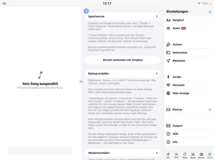 Backup-Einstellungen mit Speicherort, Backup erstellen und Wiederherstellen