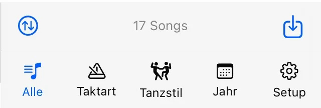 Sidebar mit eigenen Kategorien und Icons: Taktart, Tanzstil, Jahr